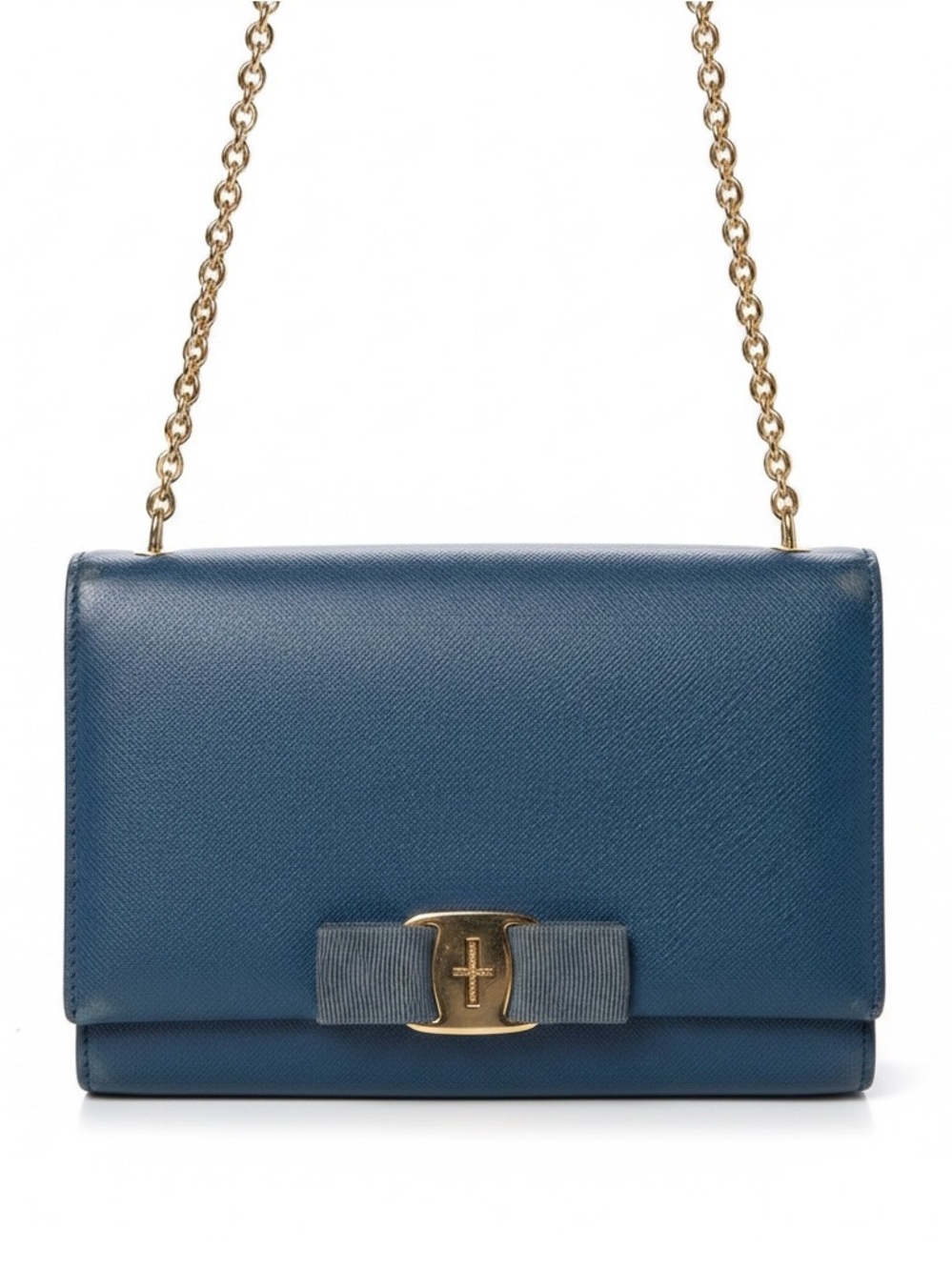 Salvatore Ferragamo Vara Bow Blue Saffiana Leather Chain Crossbody Bag